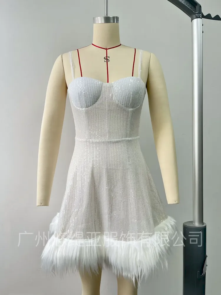Women Elegant Party Sequined Feather Evening Gown - Image 7