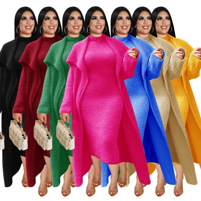 Autumn And Winter Women Fashion Solid Color Plush Dress Long Coat Lace-Up Two-Piece Set - Image 4