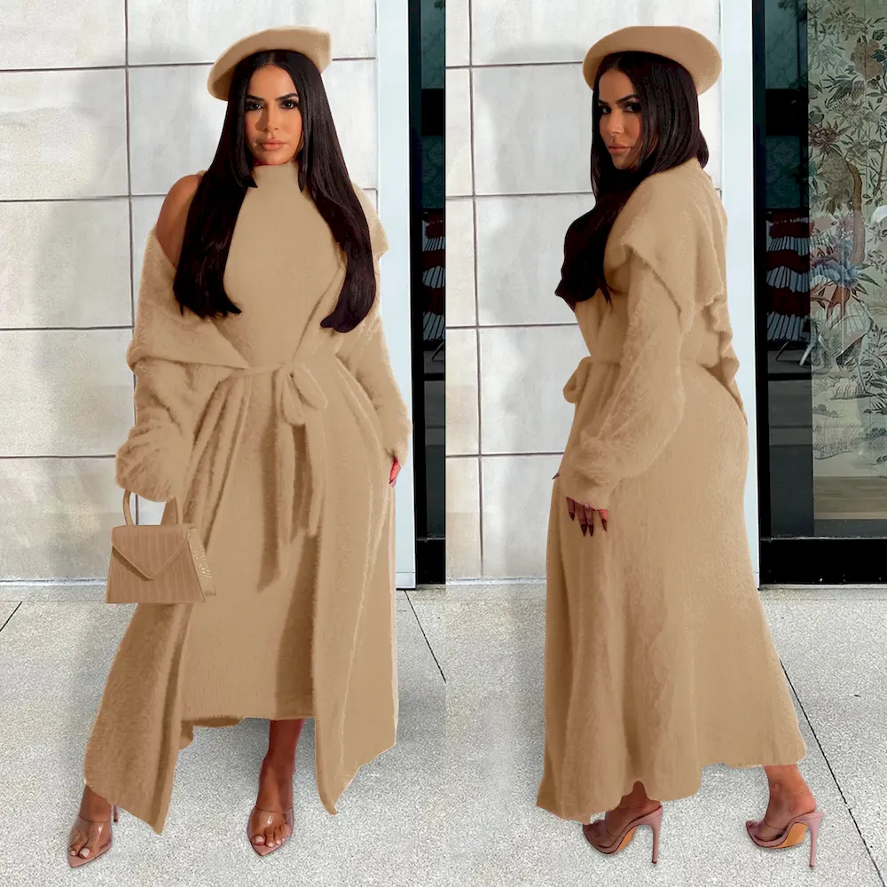 Autumn And Winter Women Fashion Solid Color Plush Dress Long Coat Lace-Up Two-Piece Set - Image 7