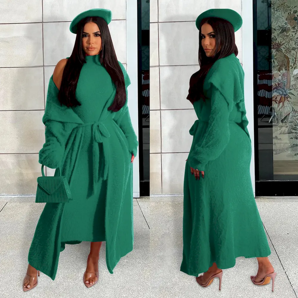 Autumn And Winter Women Fashion Solid Color Plush Dress Long Coat Lace-Up Two-Piece Set - Image 8