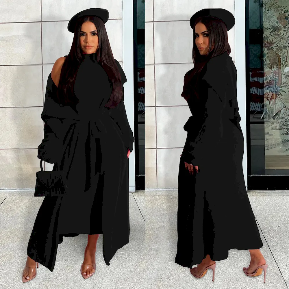 Autumn And Winter Women Fashion Solid Color Plush Dress Long Coat Lace-Up Two-Piece Set - Image 9