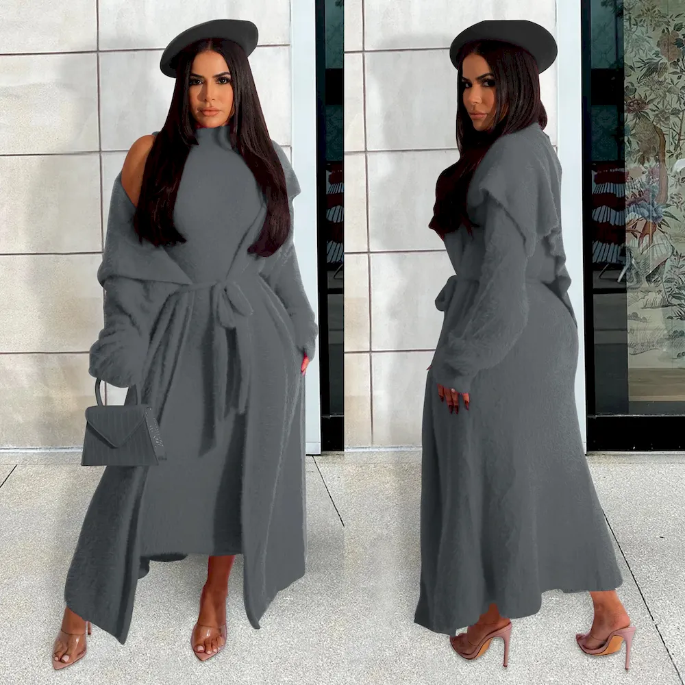 Autumn And Winter Women Fashion Solid Color Plush Dress Long Coat Lace-Up Two-Piece Set - Image 12