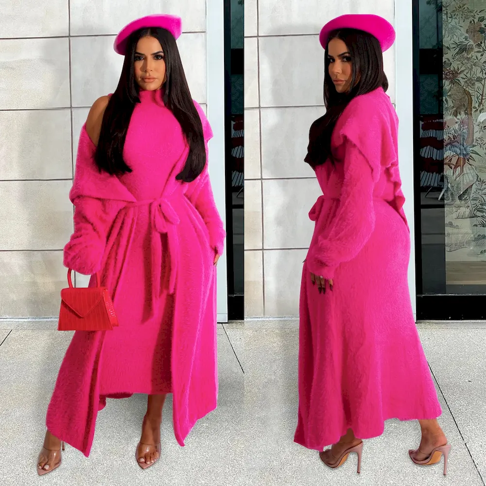 Autumn And Winter Women Fashion Solid Color Plush Dress Long Coat Lace-Up Two-Piece Set - Image 13
