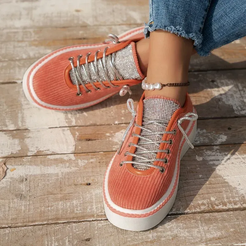 Women Fashion Plus Size Rhinestone Lace-Up Thick-Soled Sneakers - Image 3