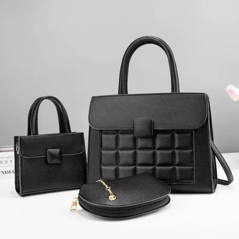 Women Fashion Solid Color Mini Handbag Semi-Round Zipper Wallet Rhombic Square Large Capacity Handbag Three-Piece Set - Image 3