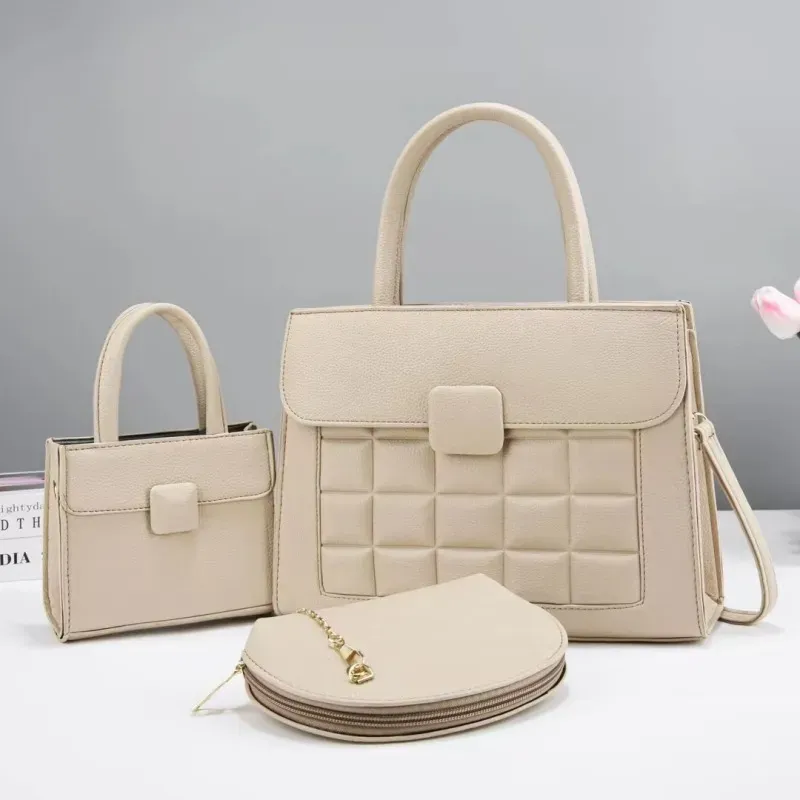 Women Fashion Solid Color Mini Handbag Semi-Round Zipper Wallet Rhombic Square Large Capacity Handbag Three-Piece Set - Image 4