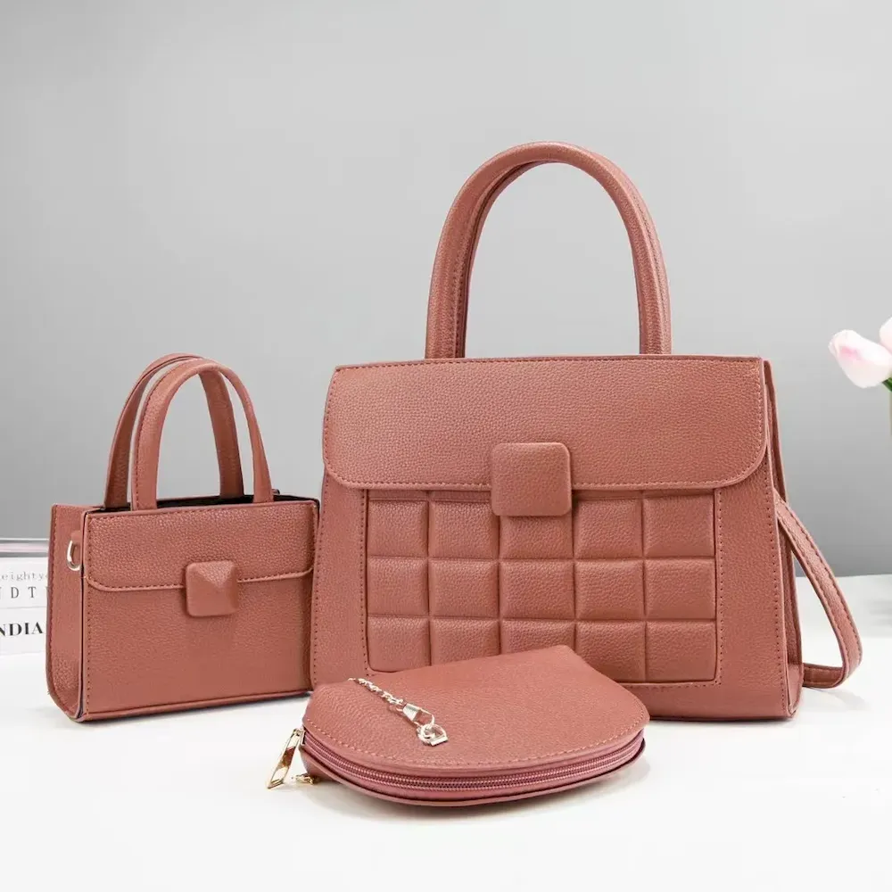 Women Fashion Solid Color Mini Handbag Semi-Round Zipper Wallet Rhombic Square Large Capacity Handbag Three-Piece Set - Image 7