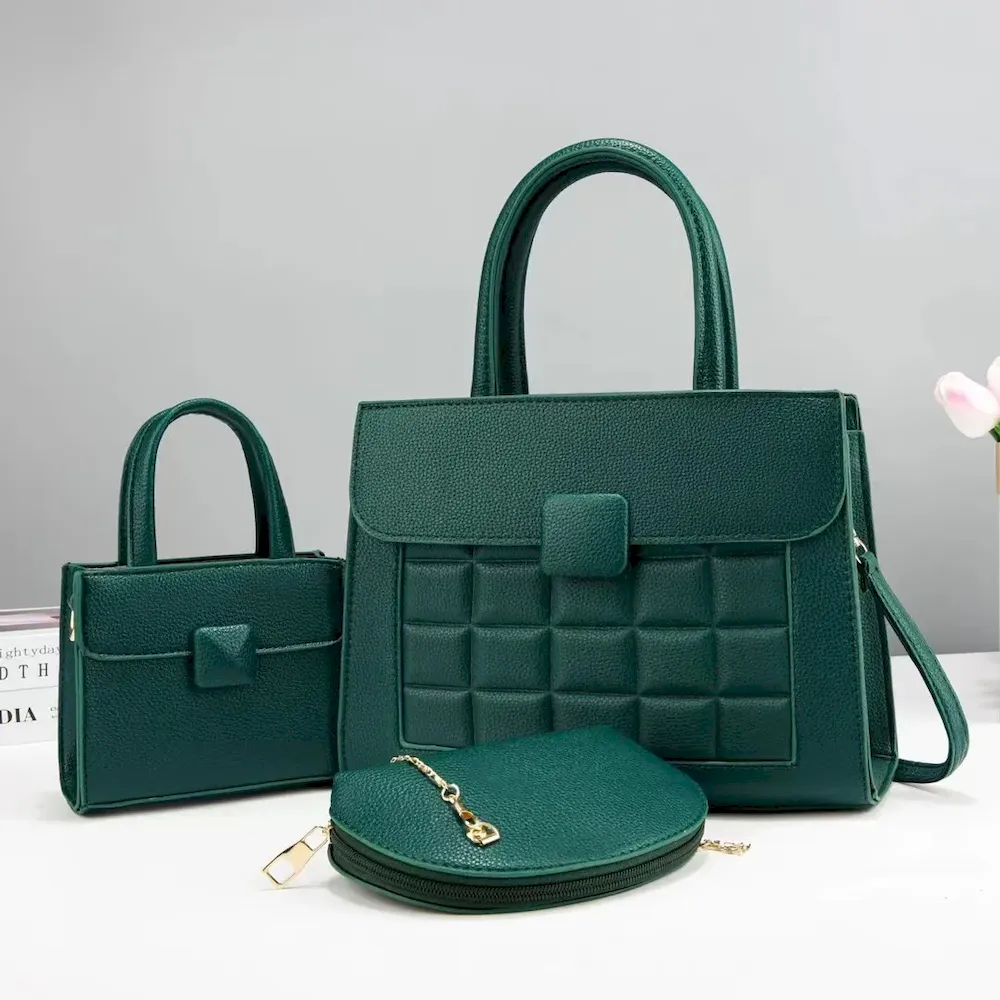 Women Fashion Solid Color Mini Handbag Semi-Round Zipper Wallet Rhombic Square Large Capacity Handbag Three-Piece Set - Image 10