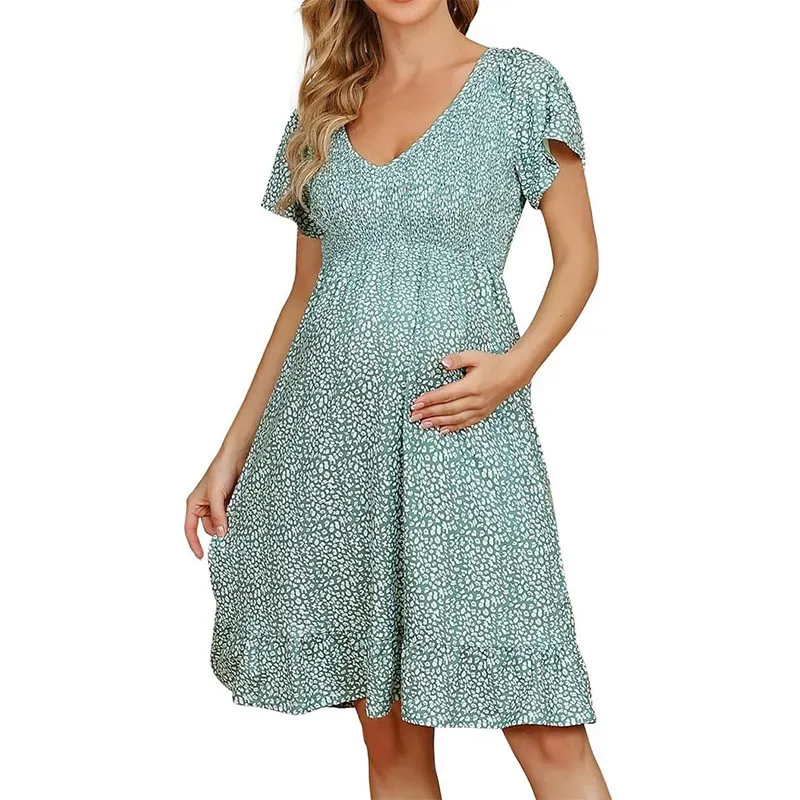 Summer Pregnant Women Fashion Casual V-Neck Floral Print Short Sleeve Loose Dress - Image 6