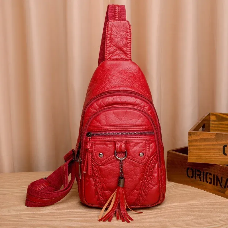 Women Fashion Retro Solid Color Zipper Tassel PU Chest Bag
