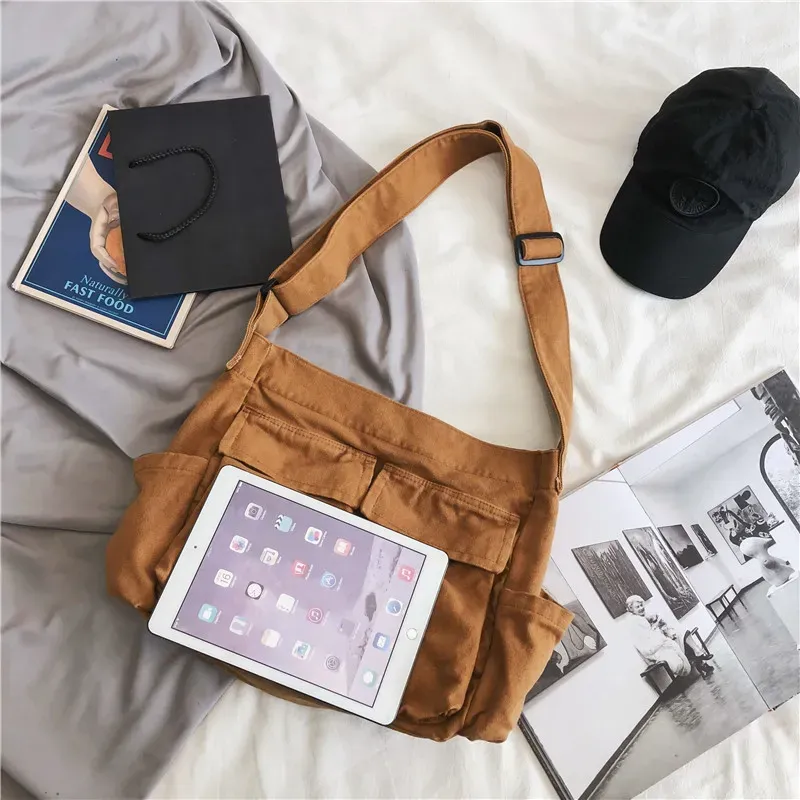 Women Fashionable Solid Color Multi-Pocket Large Capacity Canvas Tote Bag