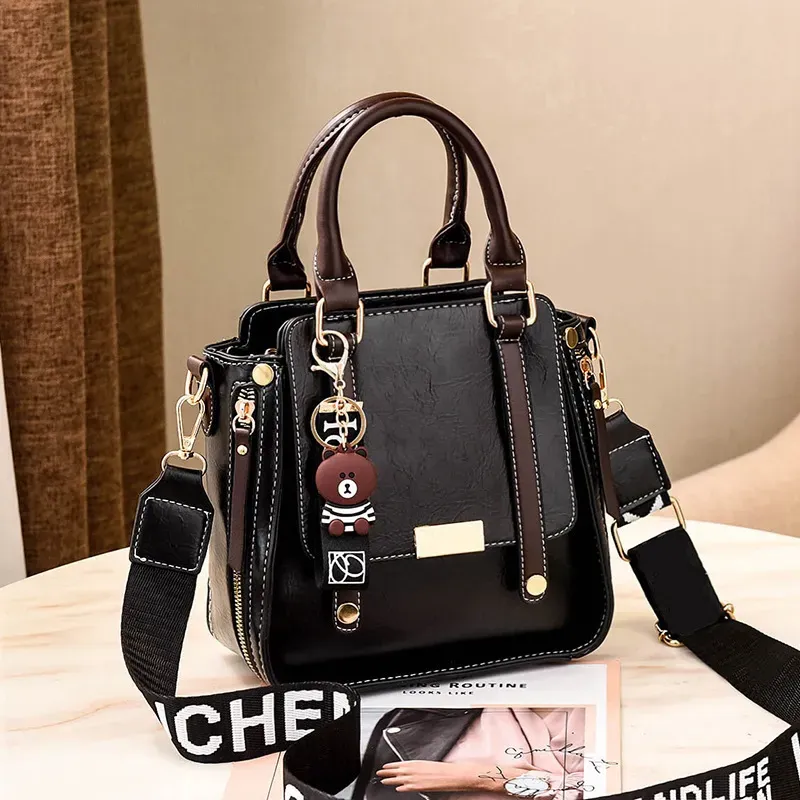 Women Vintage Simple Letter Wide Strap Bear Pendant Large Capacity Handle Bag - Image 3