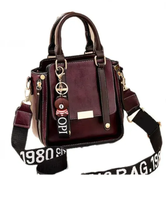 Women Vintage Simple Letter Wide Strap Bear Pendant Large Capacity Handle Bag - Image 5