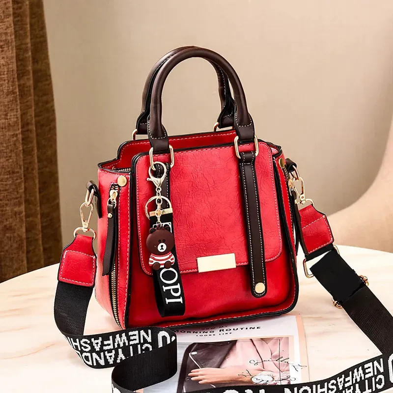 Women Vintage Simple Letter Wide Strap Bear Pendant Large Capacity Handle Bag - Image 6