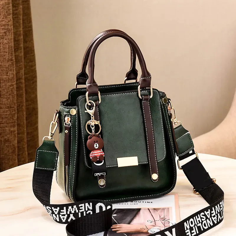 Women Vintage Simple Letter Wide Strap Bear Pendant Large Capacity Handle Bag - Image 7
