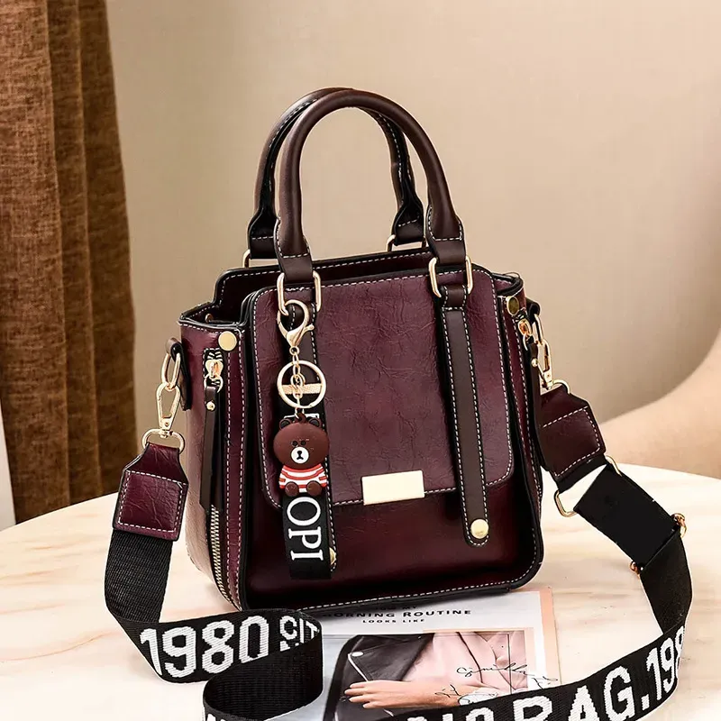 Women Vintage Simple Letter Wide Strap Bear Pendant Large Capacity Handle Bag - Image 9