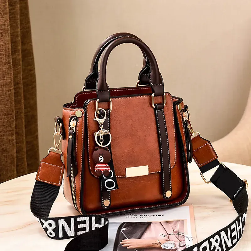 Women Vintage Simple Letter Wide Strap Bear Pendant Large Capacity Handle Bag - Image 10