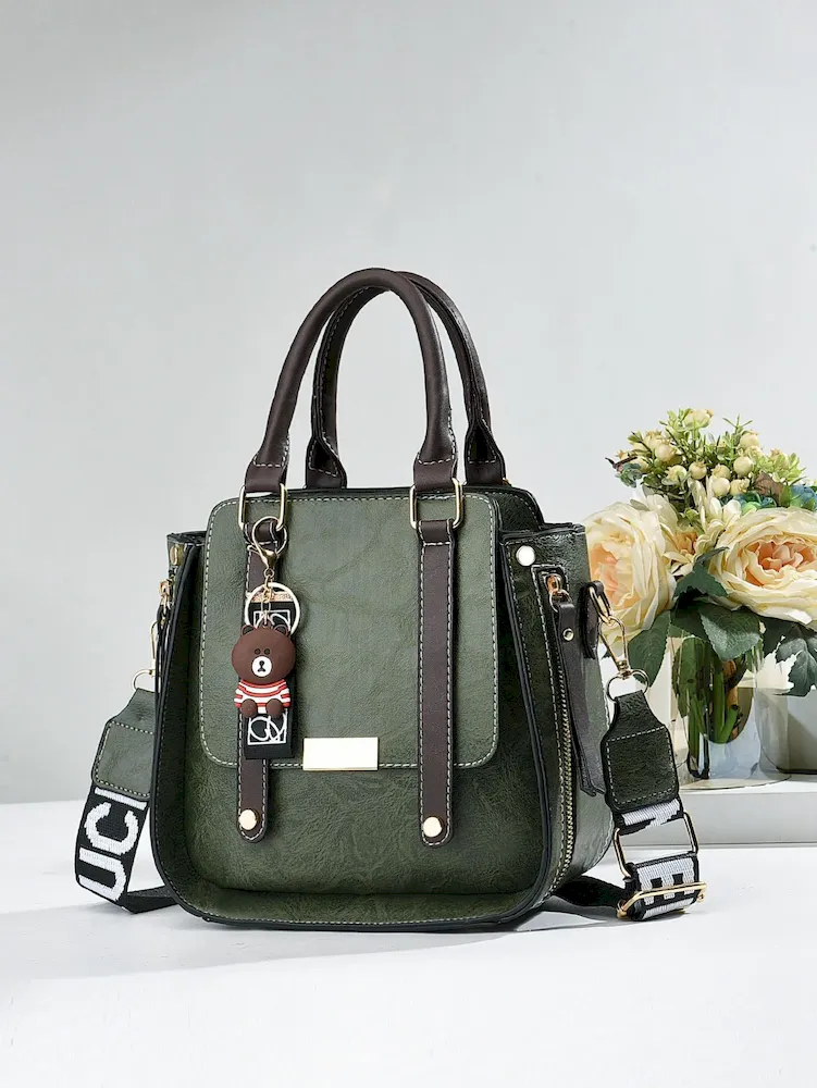 Women Vintage Simple Letter Wide Strap Bear Pendant Large Capacity Handle Bag - Image 11