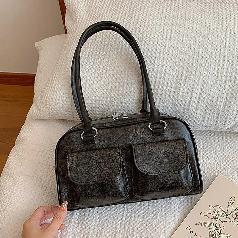 Women Simple Retro Multi-Pocket Zipper Shoulder Bag