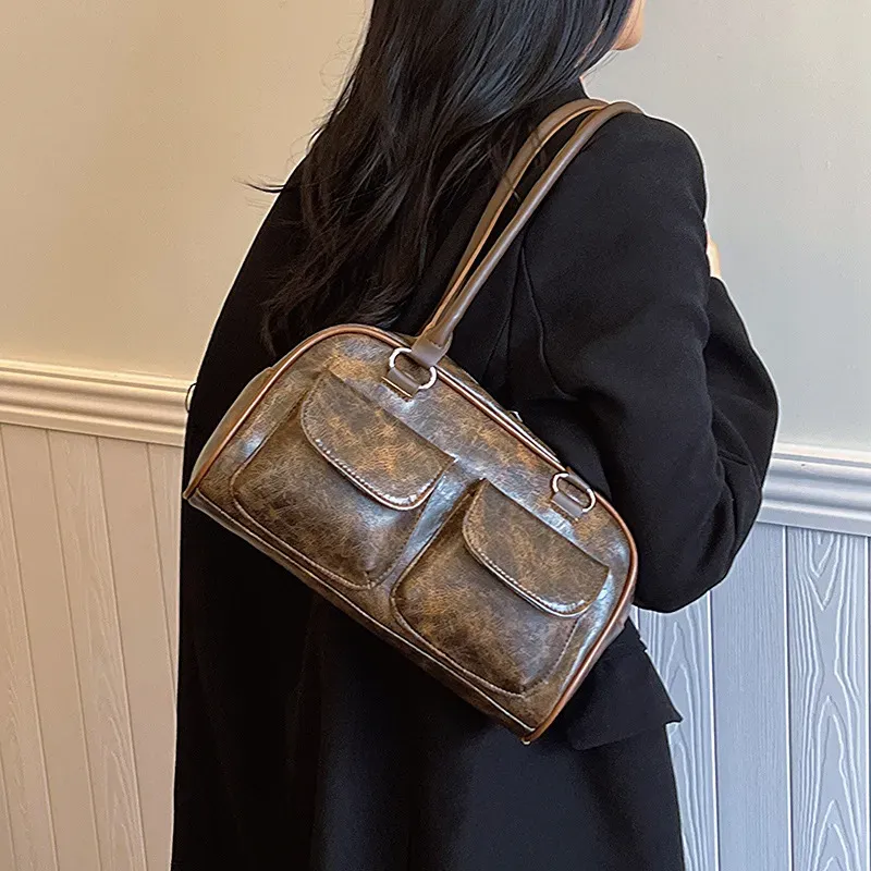 Women Simple Retro Multi-Pocket Zipper Shoulder Bag - Image 3