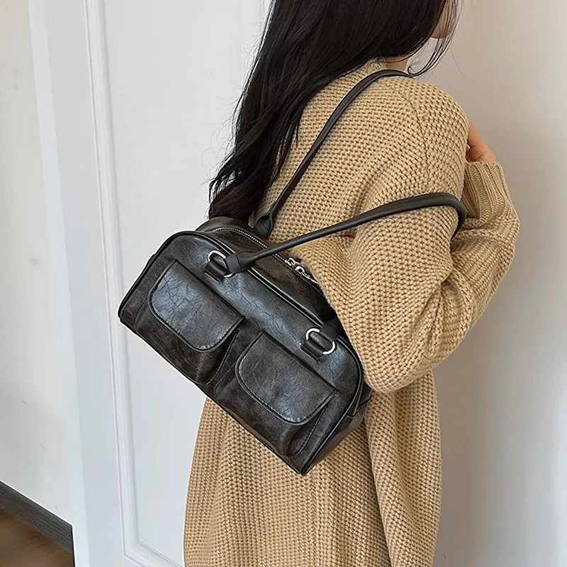 Women Simple Retro Multi-Pocket Zipper Shoulder Bag - Image 4