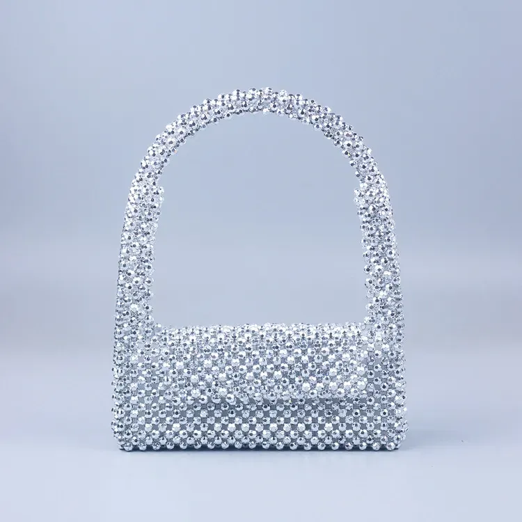 Women Fashion Lattice Silver Beaded Acrylic Handmade Beaded Handle Evening Bag - Image 5