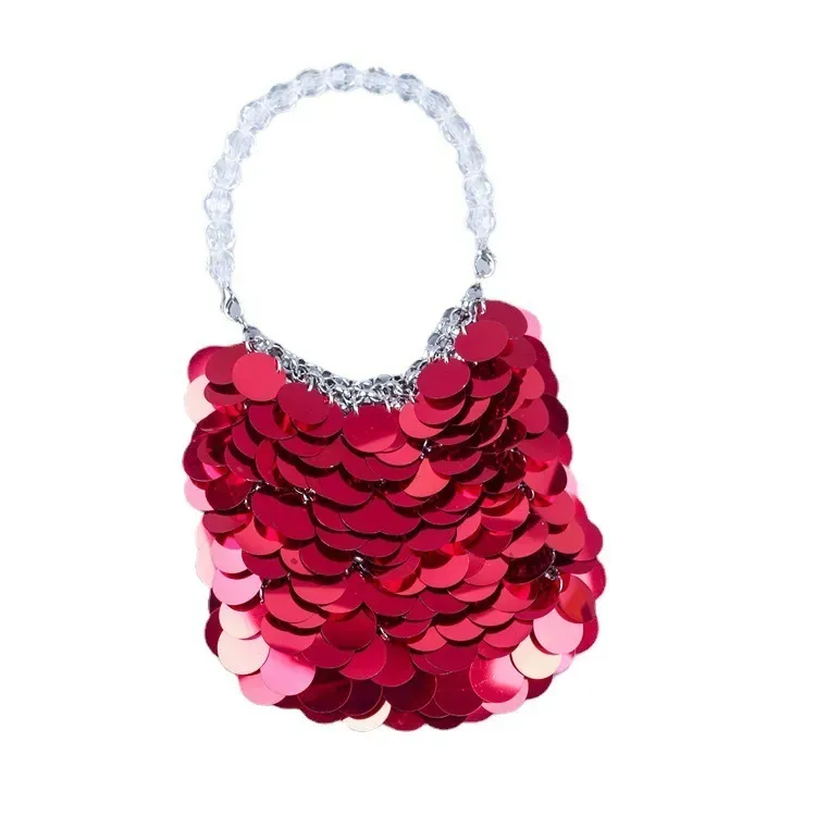Women Fashion Red Sequin Transparent Beaded Handle Evening Bag - Image 4