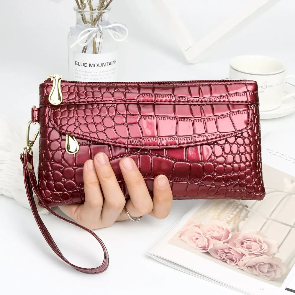 Women Fashion Casual Bright Crocodile Long Purses - Image 8