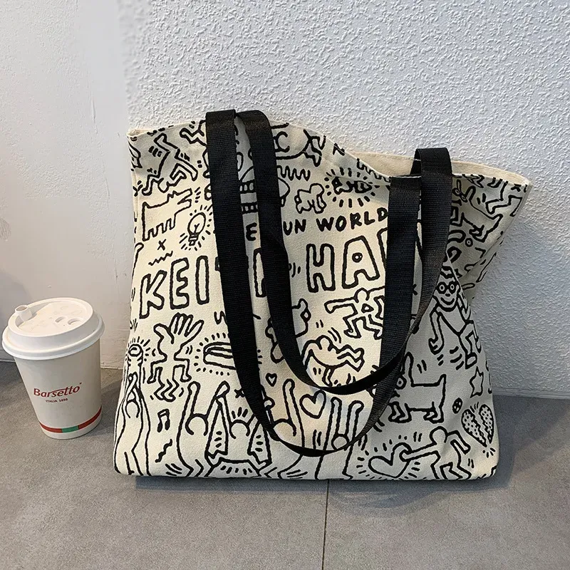 Women Simple Cute Cat Line Print Large Capacity Canvas Tote Bag