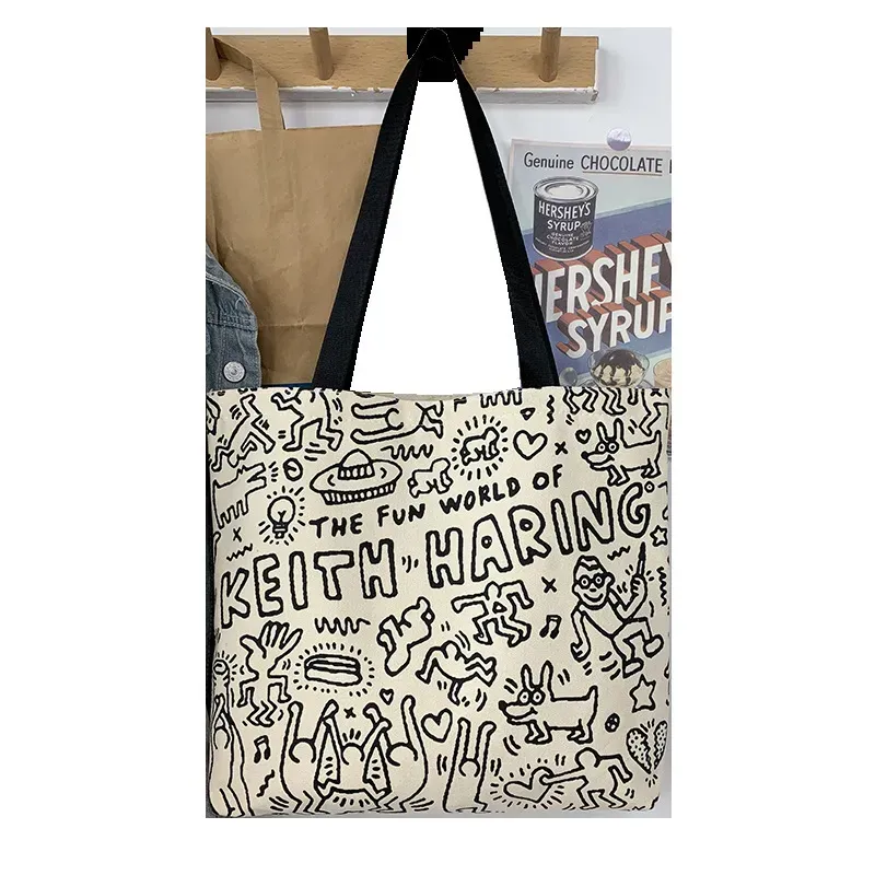 Women Simple Cute Cat Line Print Large Capacity Canvas Tote Bag - Image 4