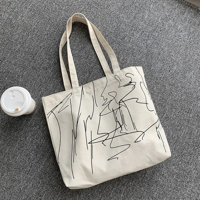 Women Simple Cute Cat Line Print Large Capacity Canvas Tote Bag - Image 7