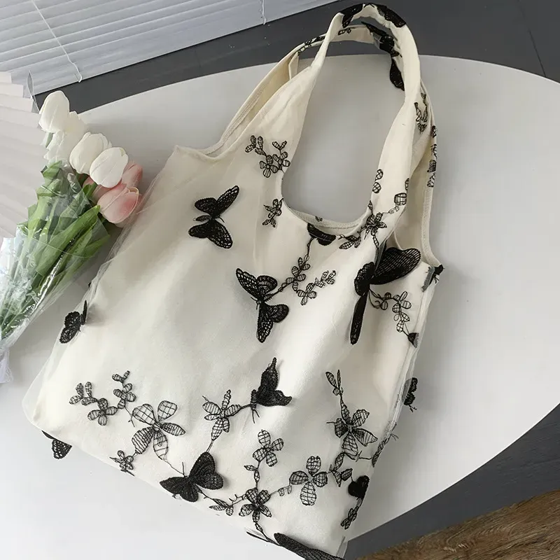 Women Fashion Creative Embroidered Black Butterfly Lace Large Capacity Canvas Tote Bag - Image 6