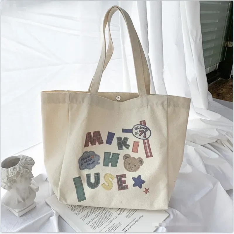 Women Cute Letter Bear Print Large Capacity Canvas Tote Bag - Image 4