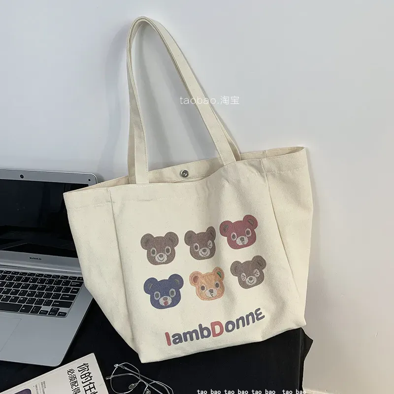 Women Cute Letter Bear Print Large Capacity Canvas Tote Bag - Image 6