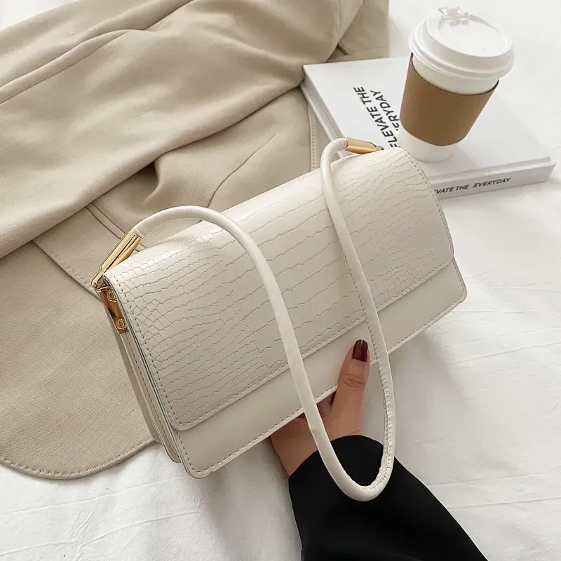 Women Simple Solid Crocodile-Print Square Flap One-Shoulder Underarm Bag