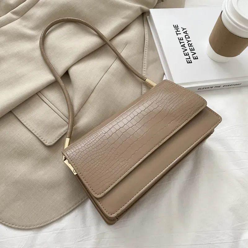 Women Simple Solid Crocodile-Print Square Flap One-Shoulder Underarm Bag - Image 7