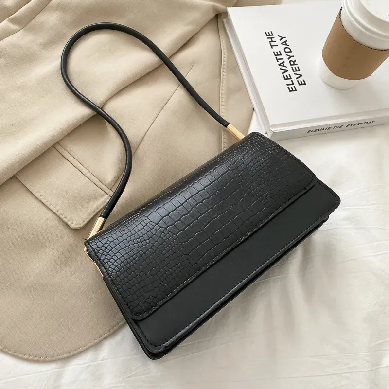 Women Simple Solid Crocodile-Print Square Flap One-Shoulder Underarm Bag - Image 8