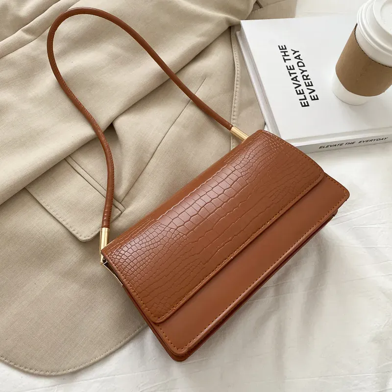 Women Simple Solid Crocodile-Print Square Flap One-Shoulder Underarm Bag - Image 10