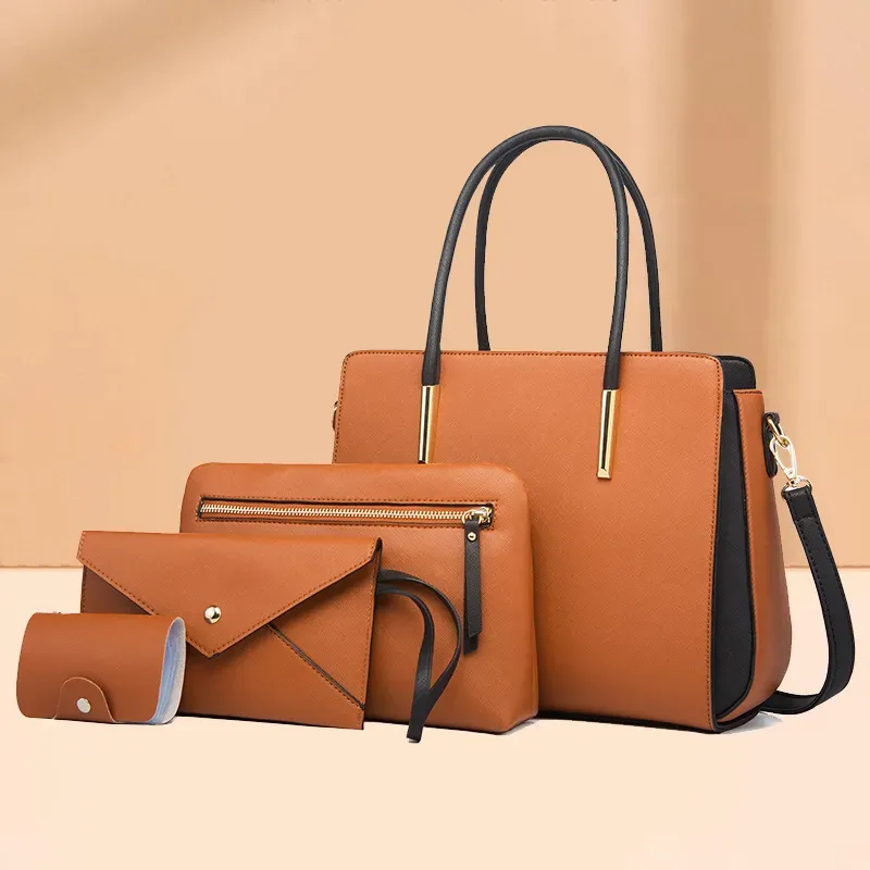 Women Fashion Large Capacity Color Block Wallet Handle Shoulder Bag Four-Piece Set