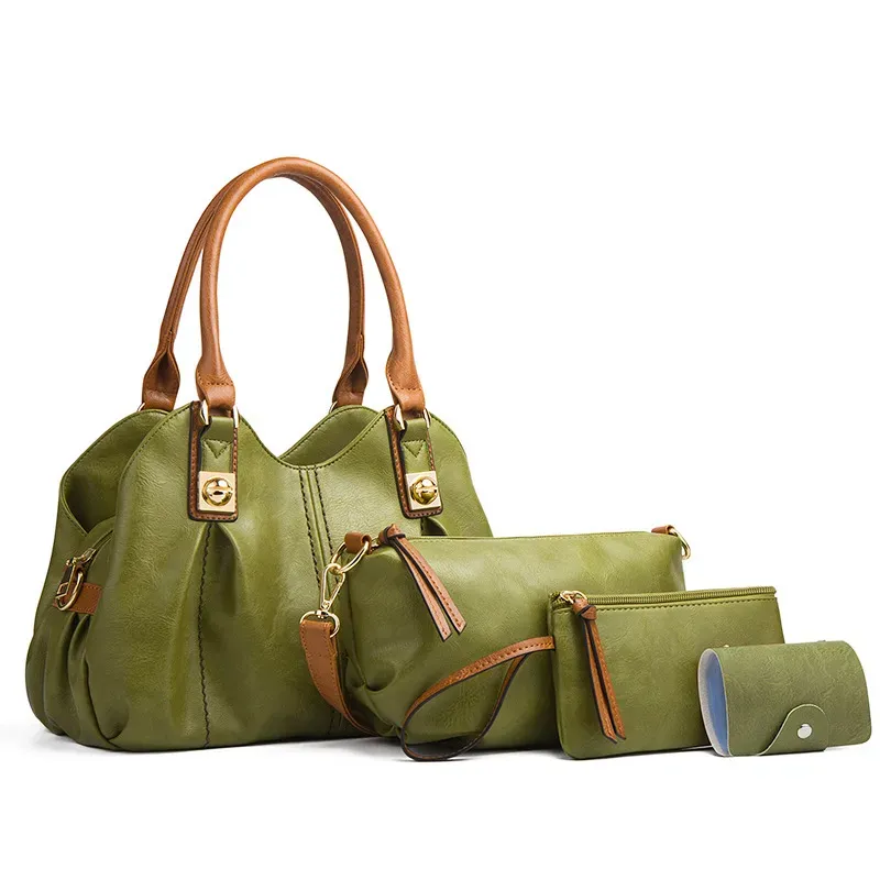 Women Fashion Retro Solid Color Large Capacity PU Wallet Handle Shoulder Bag Four-Piece Set - Image 6