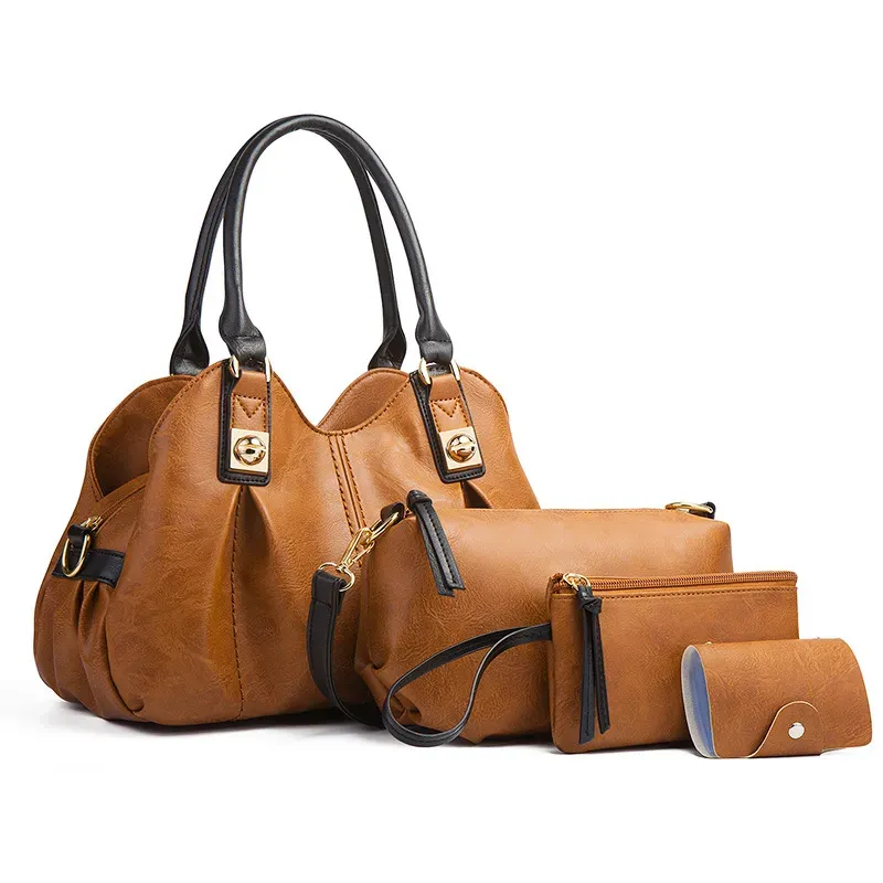 Women Fashion Retro Solid Color Large Capacity PU Wallet Handle Shoulder Bag Four-Piece Set - Image 8