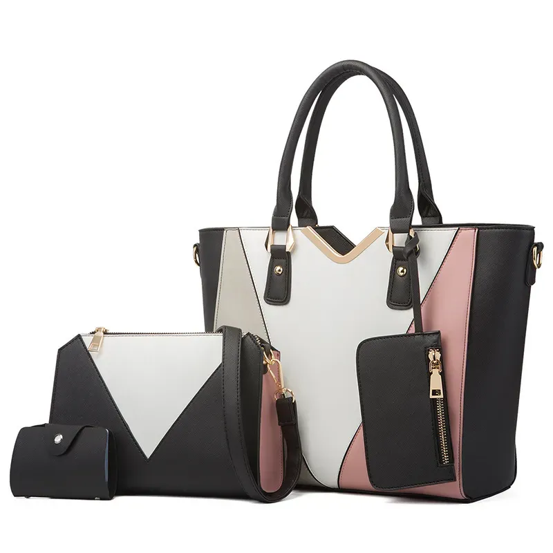 Women Fashionable Simple Large Capacity Color Block Wallet Handle Shoulder Bag Four-Piece Set - Image 2