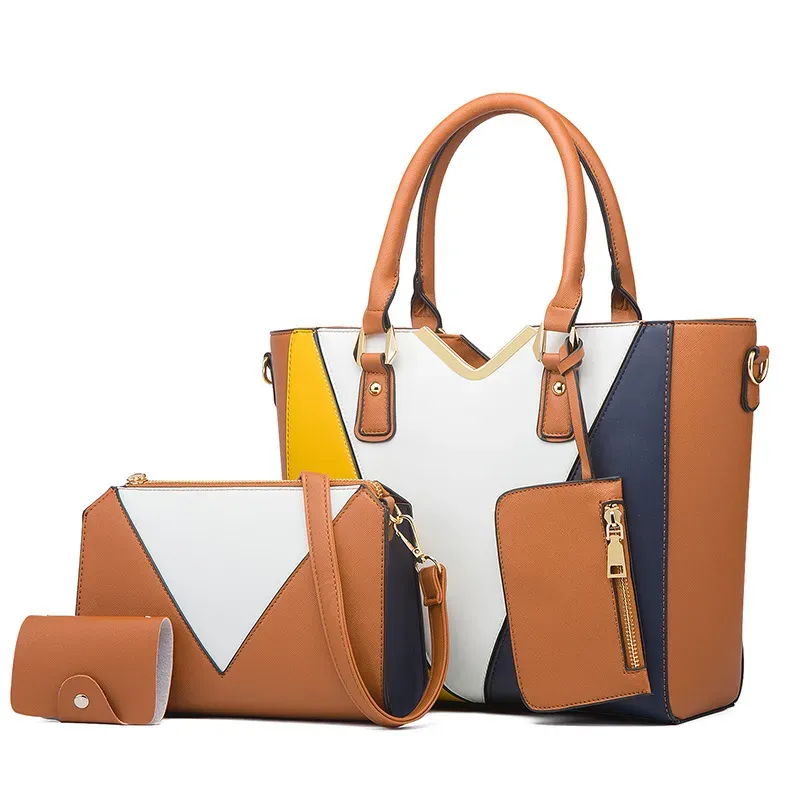 Women Fashionable Simple Large Capacity Color Block Wallet Handle Shoulder Bag Four-Piece Set - Image 10