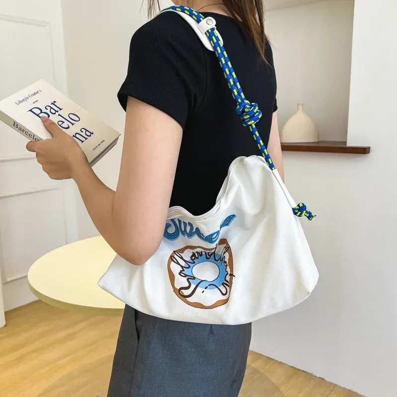 Summer Women Fashion Casual Donut Print Large Capacity Canvas Tote Bag - Image 4