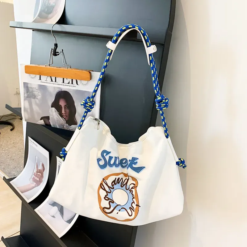 Summer Women Fashion Casual Donut Print Large Capacity Canvas Tote Bag - Image 6