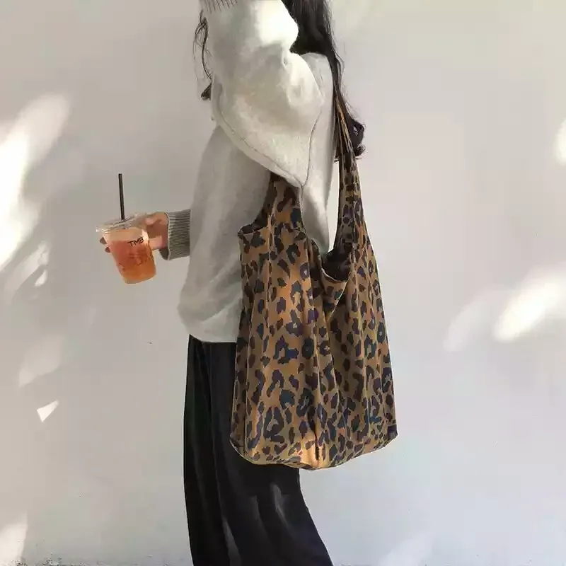 Women Fashion Corduroy Leopard Print Large Capacity Canvas Tote Bag
