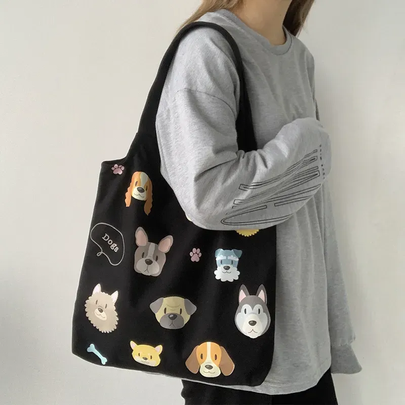 Women Fashion Cartoon Dog Print Large Capacity Canvas Tote Bag - Image 3