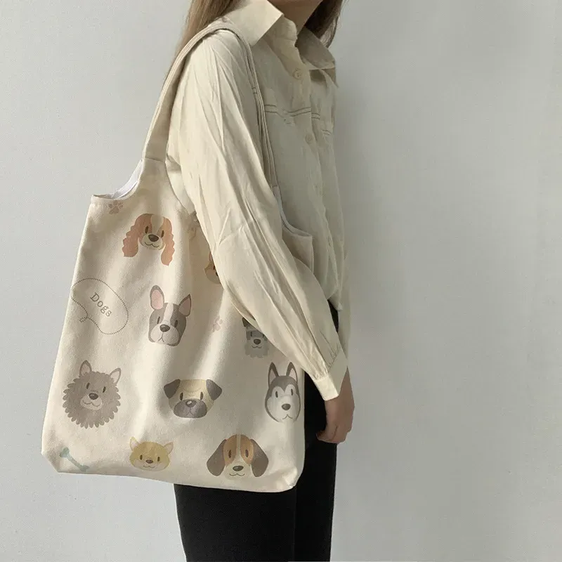 Women Fashion Cartoon Dog Print Large Capacity Canvas Tote Bag - Image 6