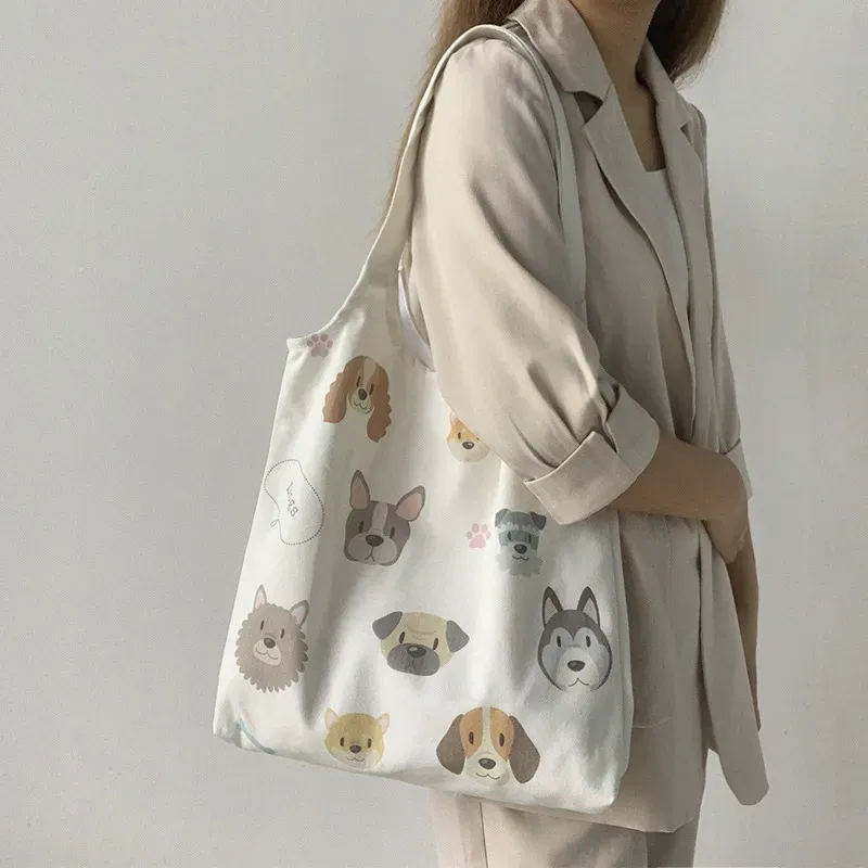 Women Fashion Cartoon Dog Print Large Capacity Canvas Tote Bag - Image 7