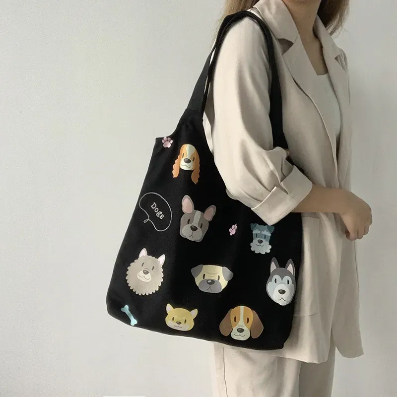 Women Fashion Cartoon Dog Print Large Capacity Canvas Tote Bag - Image 8